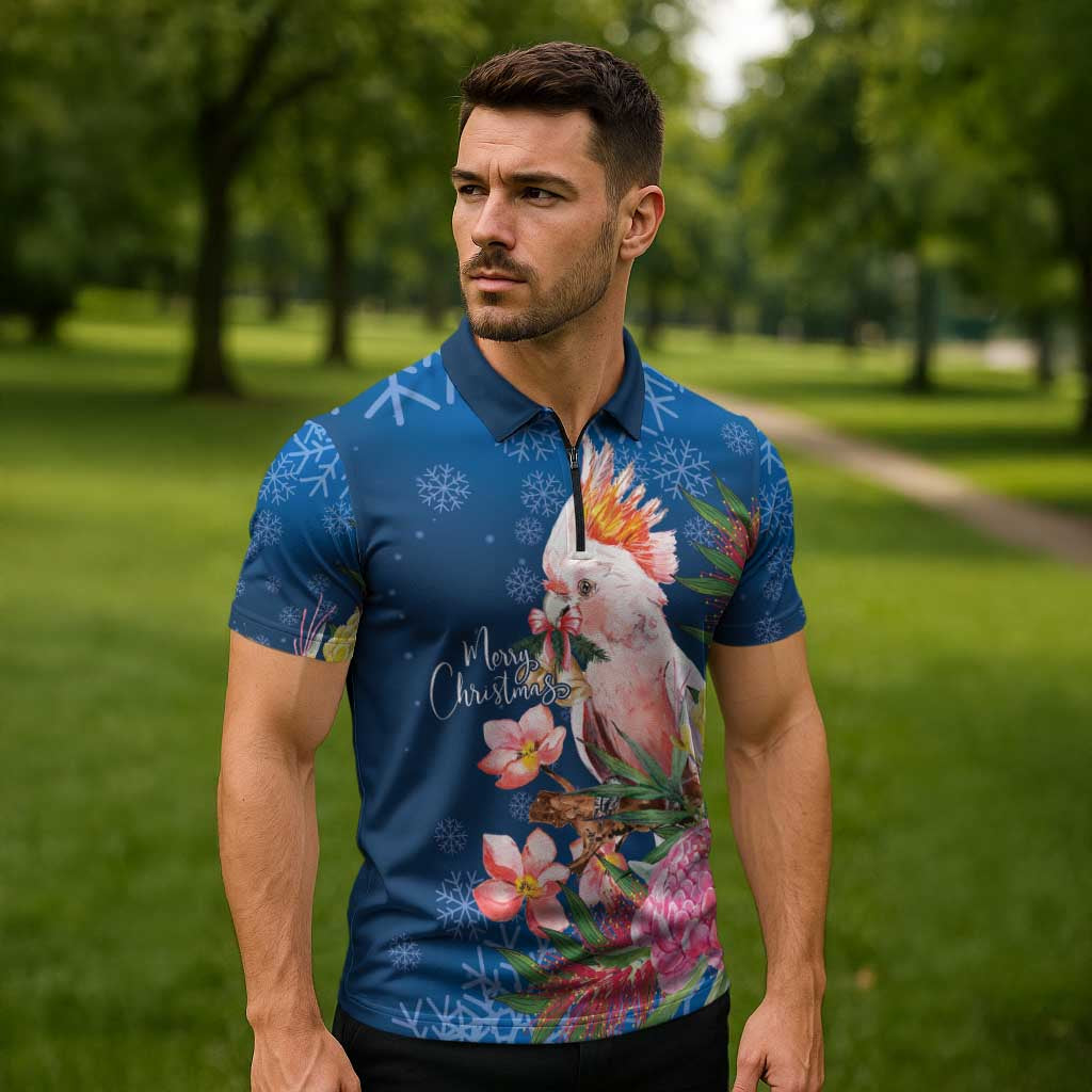 Australia Christmas Pink Cockatoo with Banksia Zipper Polo Shirt Snowy Blue - Aussie Hoodie