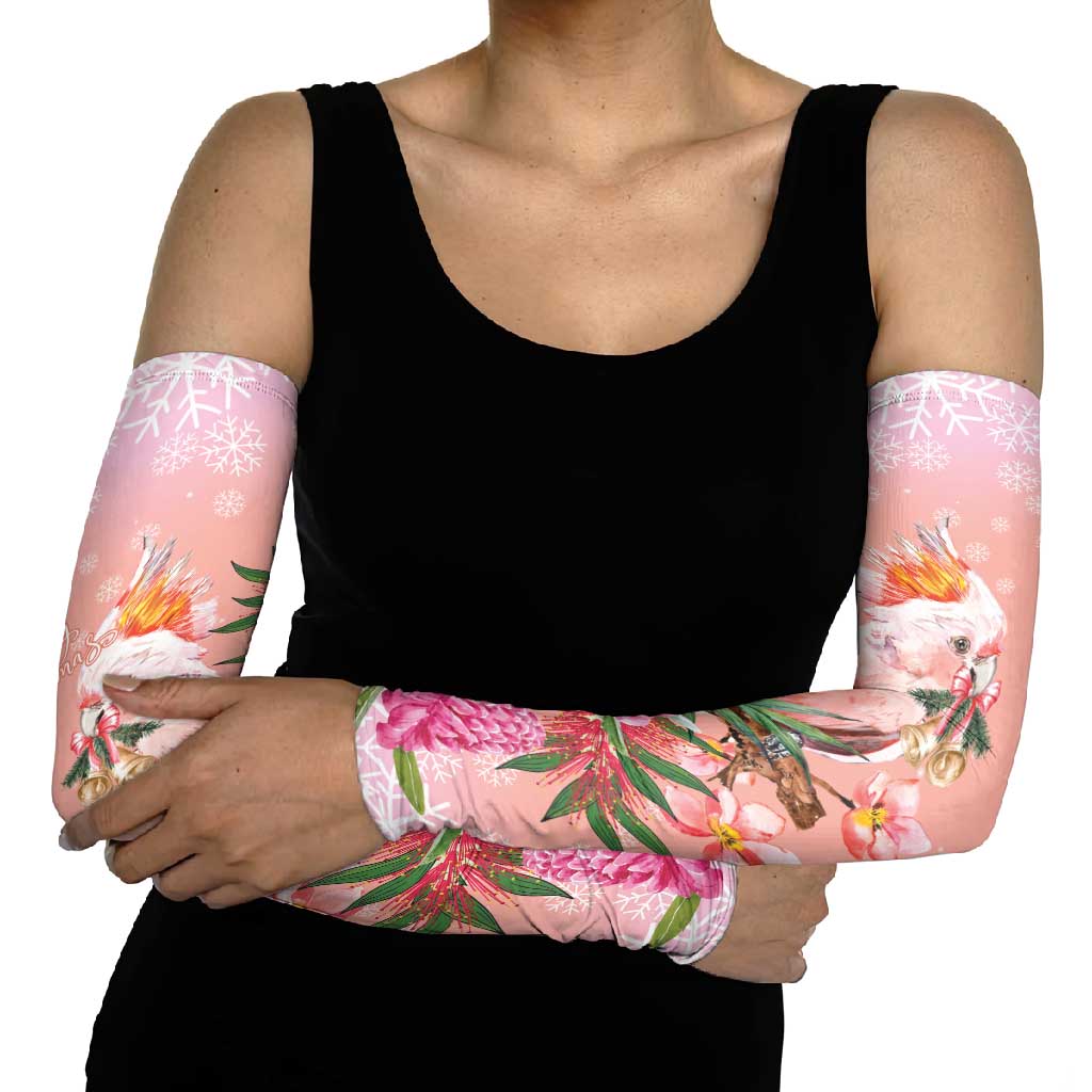 Australia Christmas Pink Cockatoo with Banksia Arm Sleeves Coral Pink - Aussie Hoodie
