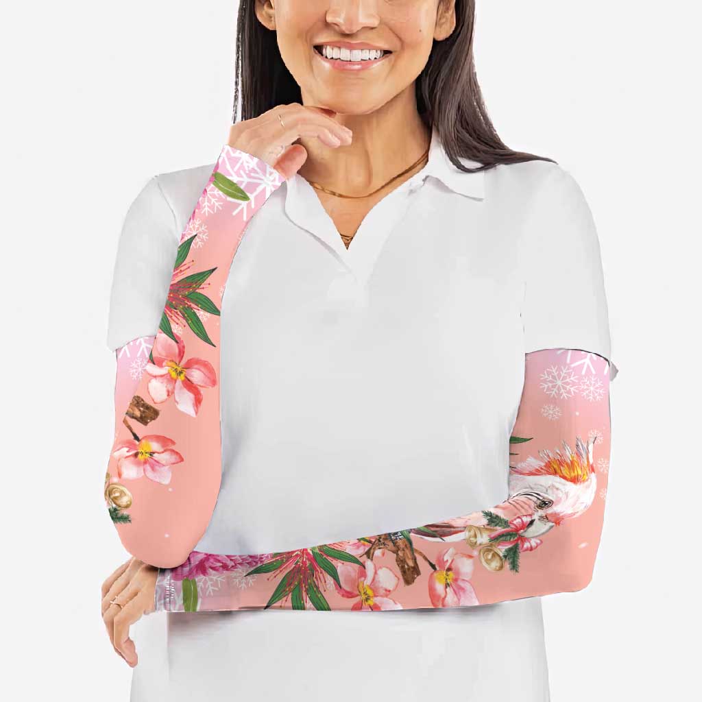 Australia Christmas Pink Cockatoo with Banksia Arm Sleeves Coral Pink - Aussie Hoodie