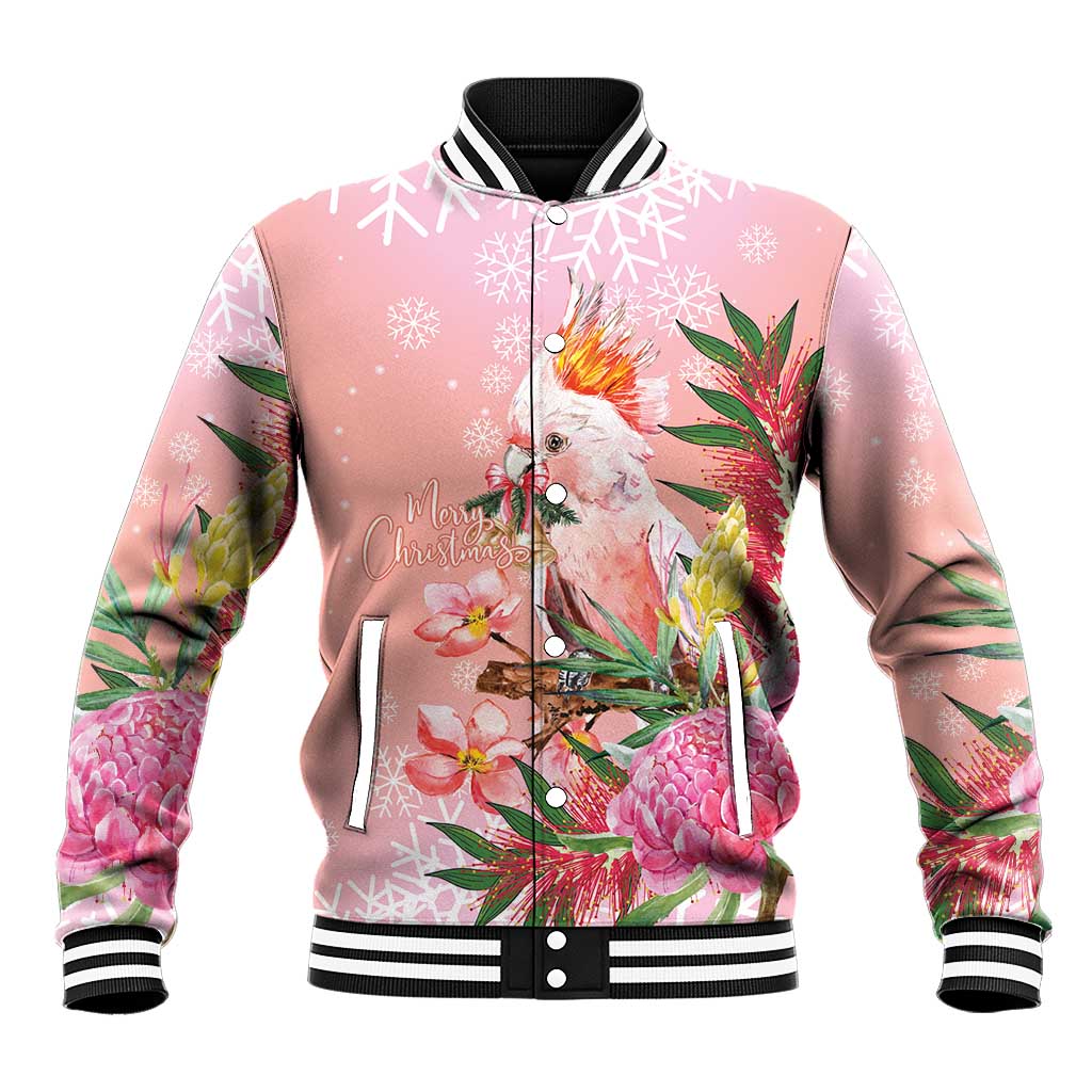Australia Christmas Pink Cockatoo with Banksia Baseball Jacket Coral Pink - Aussie Hoodie