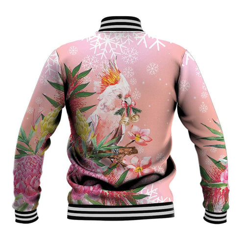 Australia Christmas Pink Cockatoo with Banksia Baseball Jacket Coral Pink - Aussie Hoodie