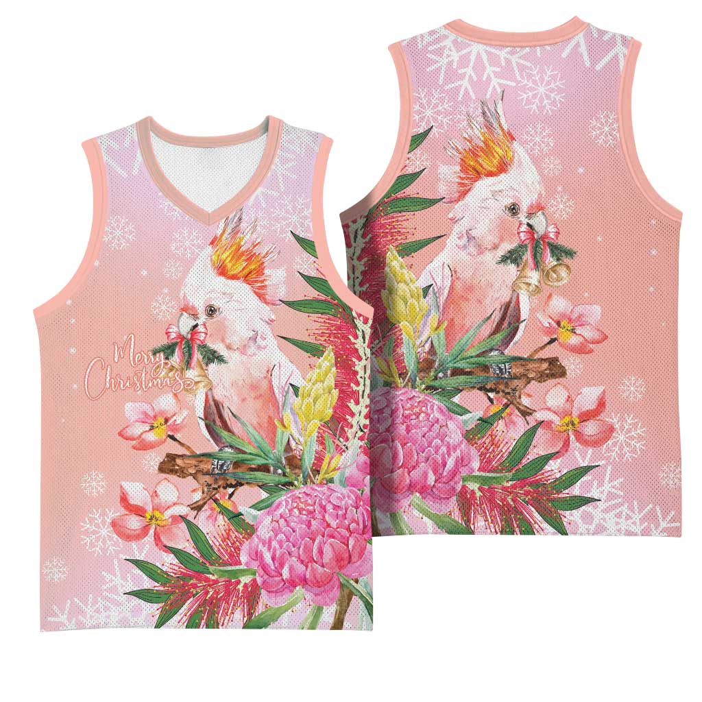 Australia Christmas Pink Cockatoo with Banksia Basketball Jersey Coral Pink - Aussie Hoodie