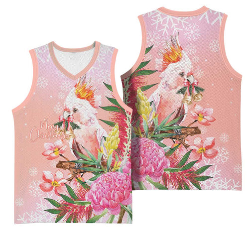 Australia Christmas Pink Cockatoo with Banksia Basketball Jersey Coral Pink - Aussie Hoodie