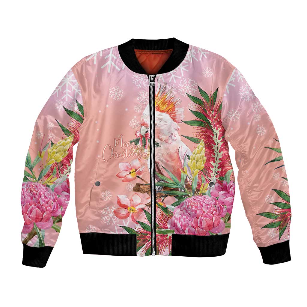 Australia Christmas Pink Cockatoo with Banksia Bomber Jacket Coral Pink - Aussie Hoodie