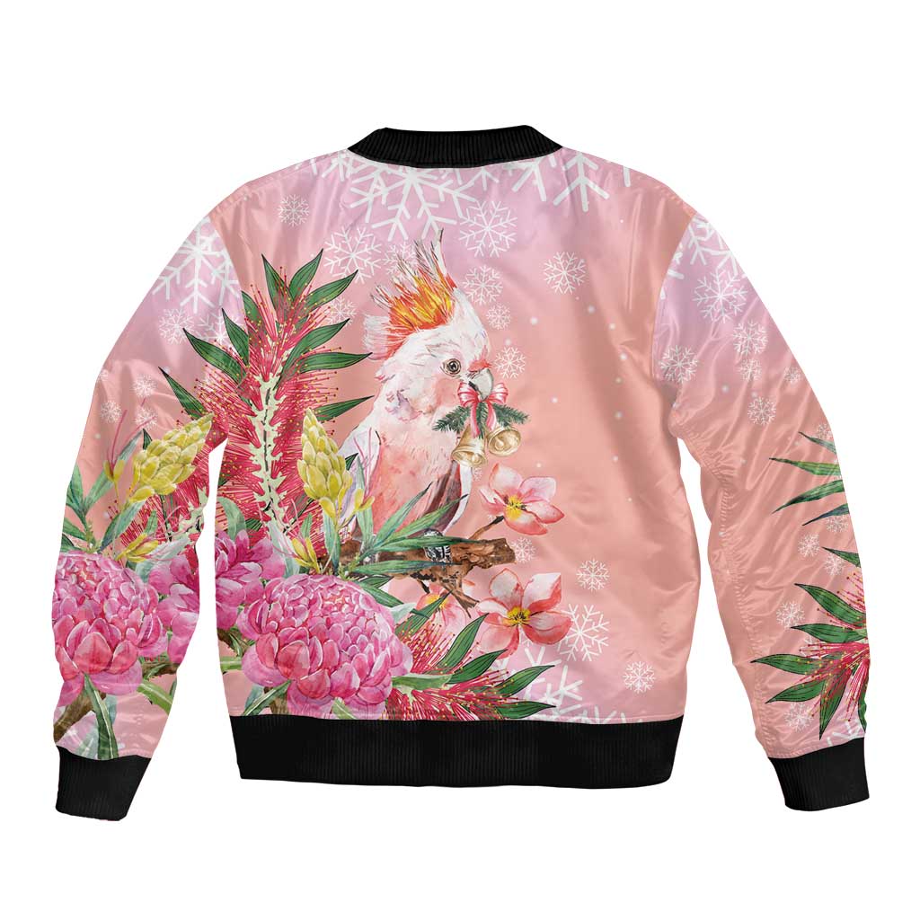 Australia Christmas Pink Cockatoo with Banksia Bomber Jacket Coral Pink - Aussie Hoodie