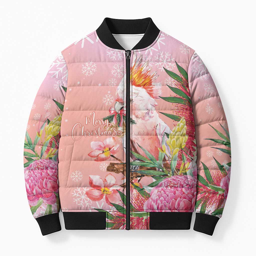 Australia Christmas Pink Cockatoo with Banksia Bomber Puffer Jacket Coral Pink - Aussie Hoodie