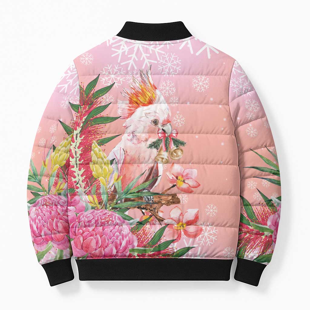 Australia Christmas Pink Cockatoo with Banksia Bomber Puffer Jacket Coral Pink - Aussie Hoodie