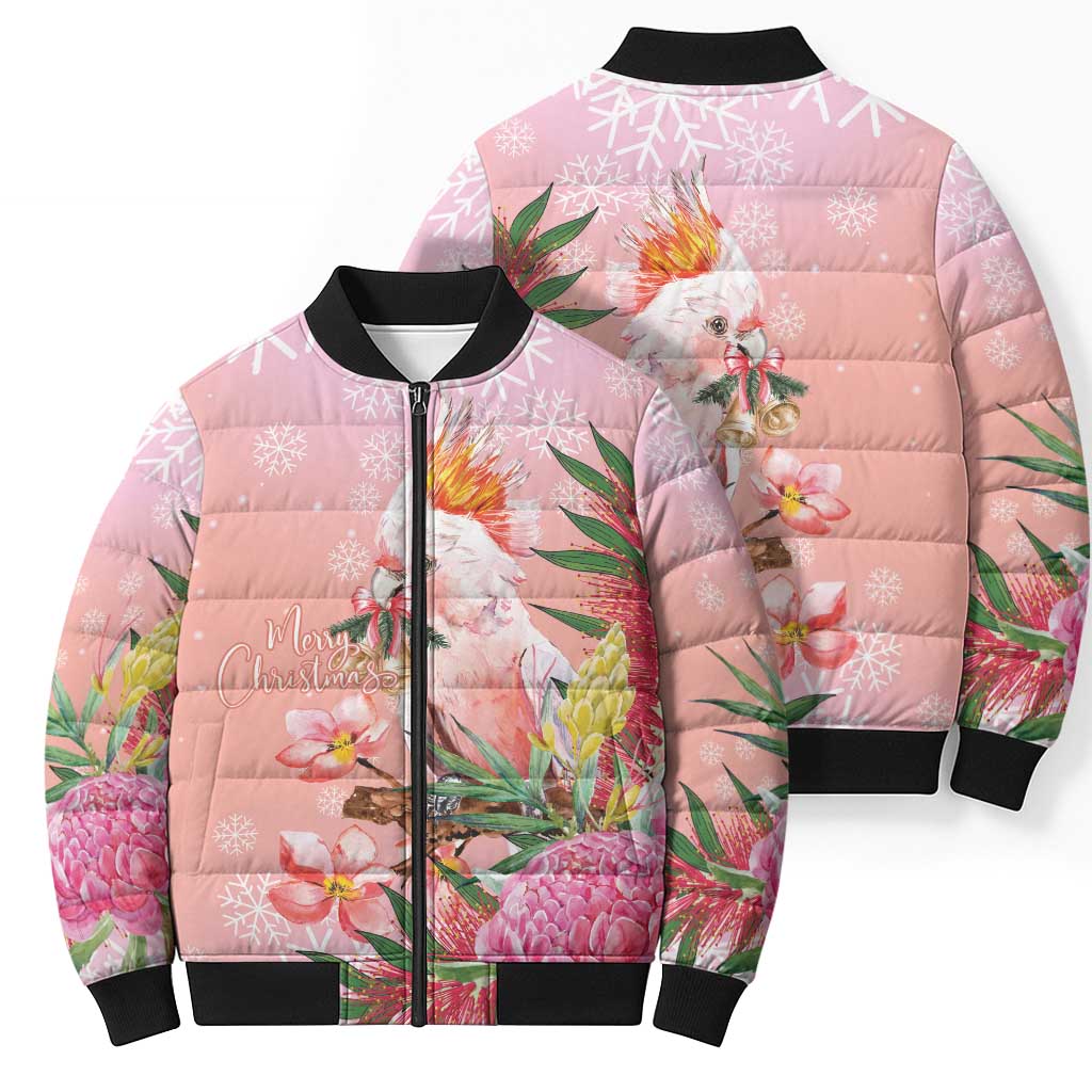 Australia Christmas Pink Cockatoo with Banksia Bomber Puffer Jacket Coral Pink - Aussie Hoodie