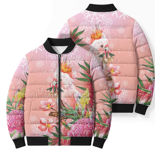 Australia Christmas Pink Cockatoo with Banksia Bomber Puffer Jacket Coral Pink - Aussie Hoodie
