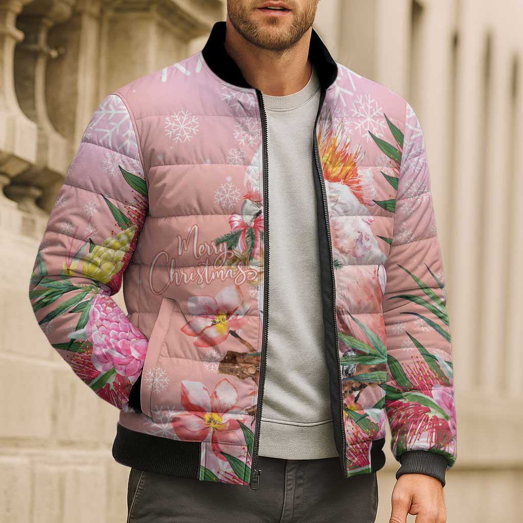 Australia Christmas Pink Cockatoo with Banksia Bomber Puffer Jacket Coral Pink - Aussie Hoodie