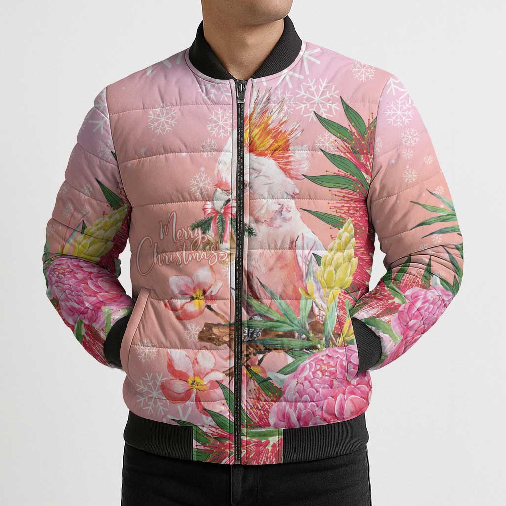 Australia Christmas Pink Cockatoo with Banksia Bomber Puffer Jacket Coral Pink - Aussie Hoodie