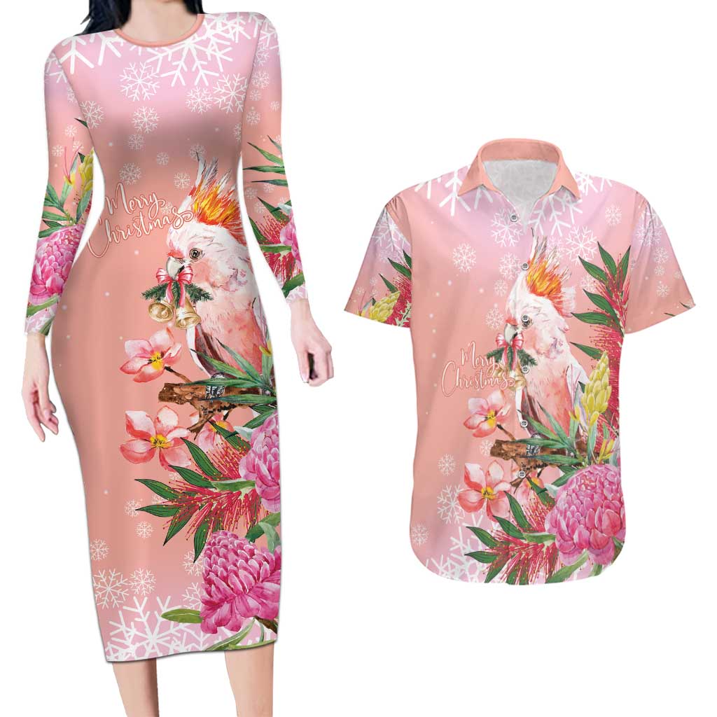 Australia Christmas Pink Cockatoo with Banksia Couples Matching Long Sleeve Bodycon Dress and Hawaiian Shirt Coral Pink - Aussie Hoodie