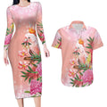 Australia Christmas Pink Cockatoo with Banksia Couples Matching Long Sleeve Bodycon Dress and Hawaiian Shirt Coral Pink - Aussie Hoodie