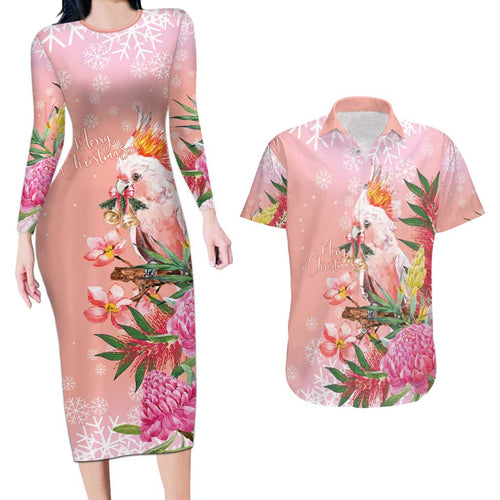 Australia Christmas Pink Cockatoo with Banksia Couples Matching Long Sleeve Bodycon Dress and Hawaiian Shirt Coral Pink - Aussie Hoodie
