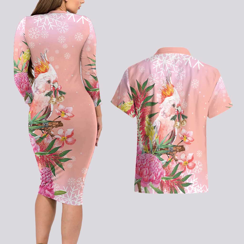 Australia Christmas Pink Cockatoo with Banksia Couples Matching Long Sleeve Bodycon Dress and Hawaiian Shirt Coral Pink - Aussie Hoodie