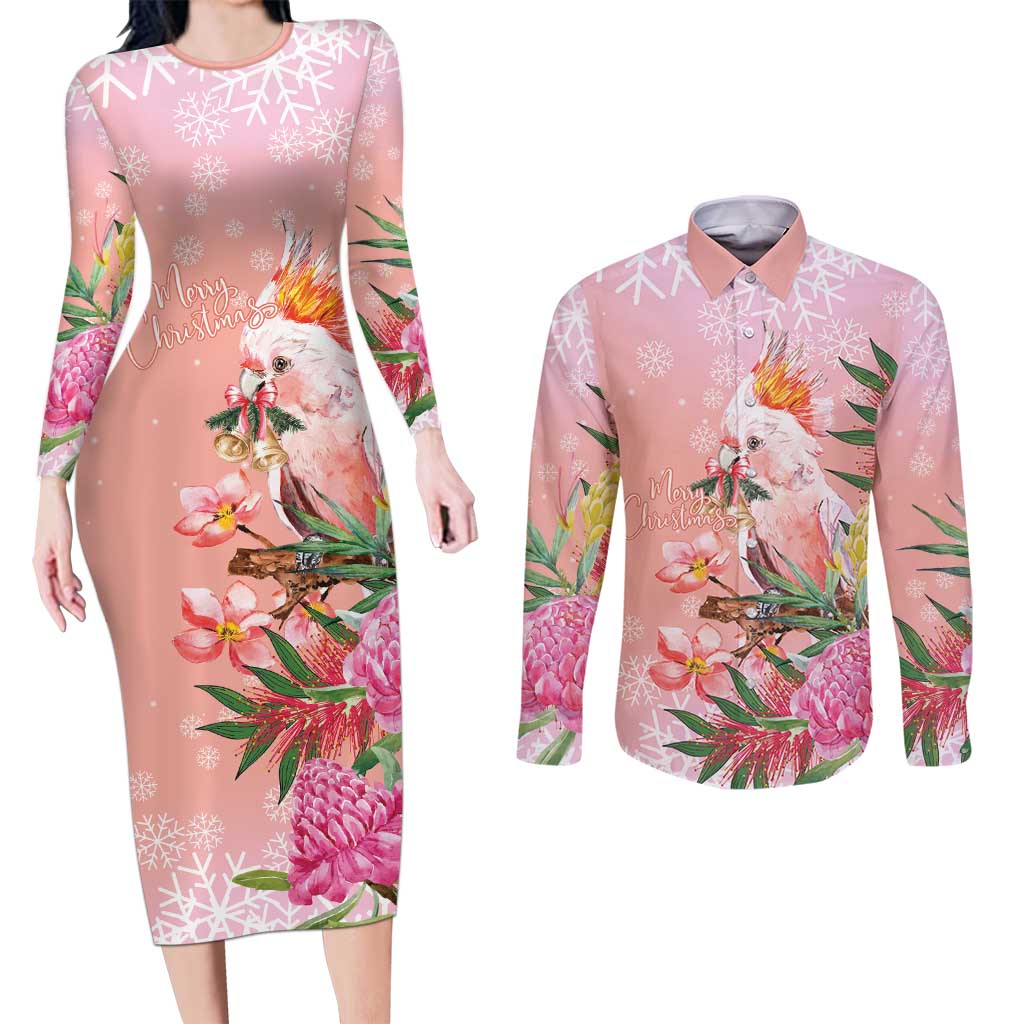 Australia Christmas Pink Cockatoo with Banksia Couples Matching Long Sleeve Bodycon Dress and Long Sleeve Button Shirt Coral Pink - Aussie Hoodie