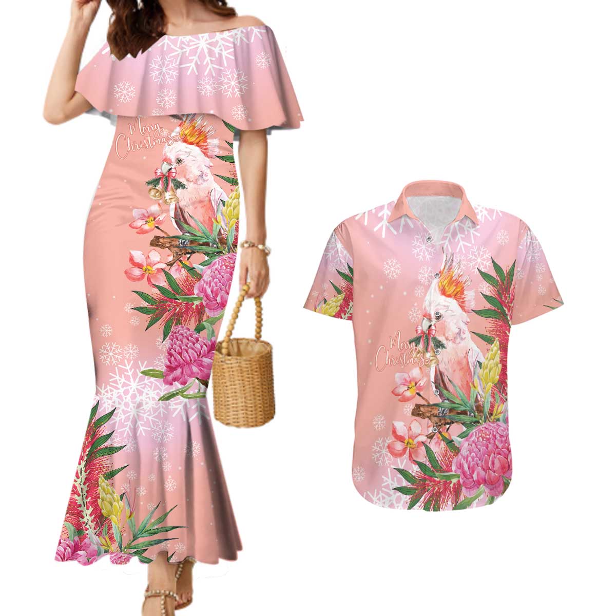 Australia Christmas Pink Cockatoo with Banksia Couples Matching Mermaid Dress and Hawaiian Shirt Coral Pink - Aussie Hoodie
