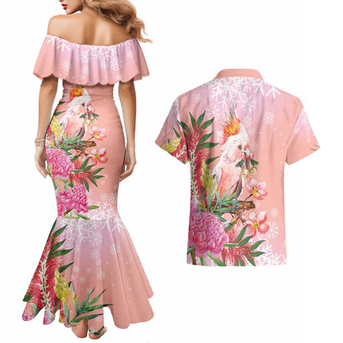 Australia Christmas Pink Cockatoo with Banksia Couples Matching Mermaid Dress and Hawaiian Shirt Coral Pink - Aussie Hoodie