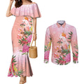 Australia Christmas Pink Cockatoo with Banksia Couples Matching Mermaid Dress and Long Sleeve Button Shirt Coral Pink - Aussie Hoodie