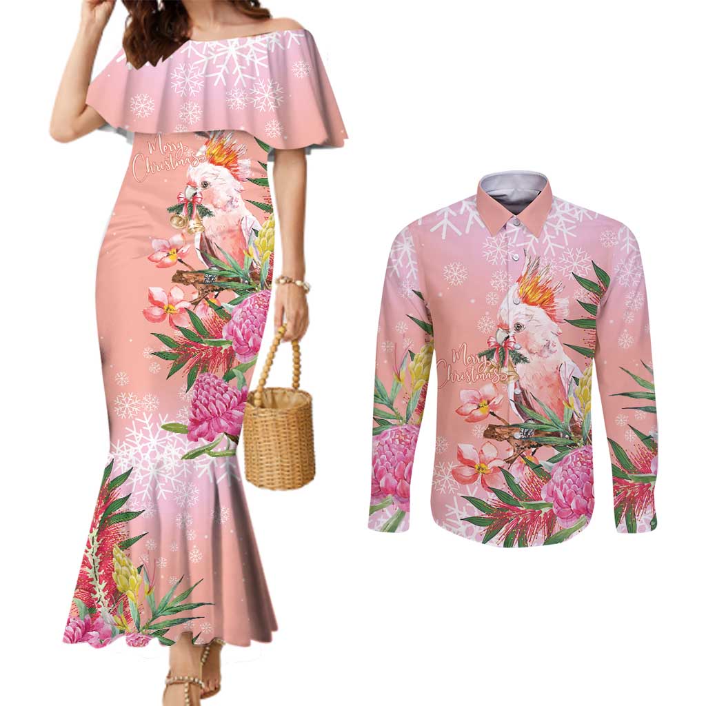 Australia Christmas Pink Cockatoo with Banksia Couples Matching Mermaid Dress and Long Sleeve Button Shirt Coral Pink - Aussie Hoodie