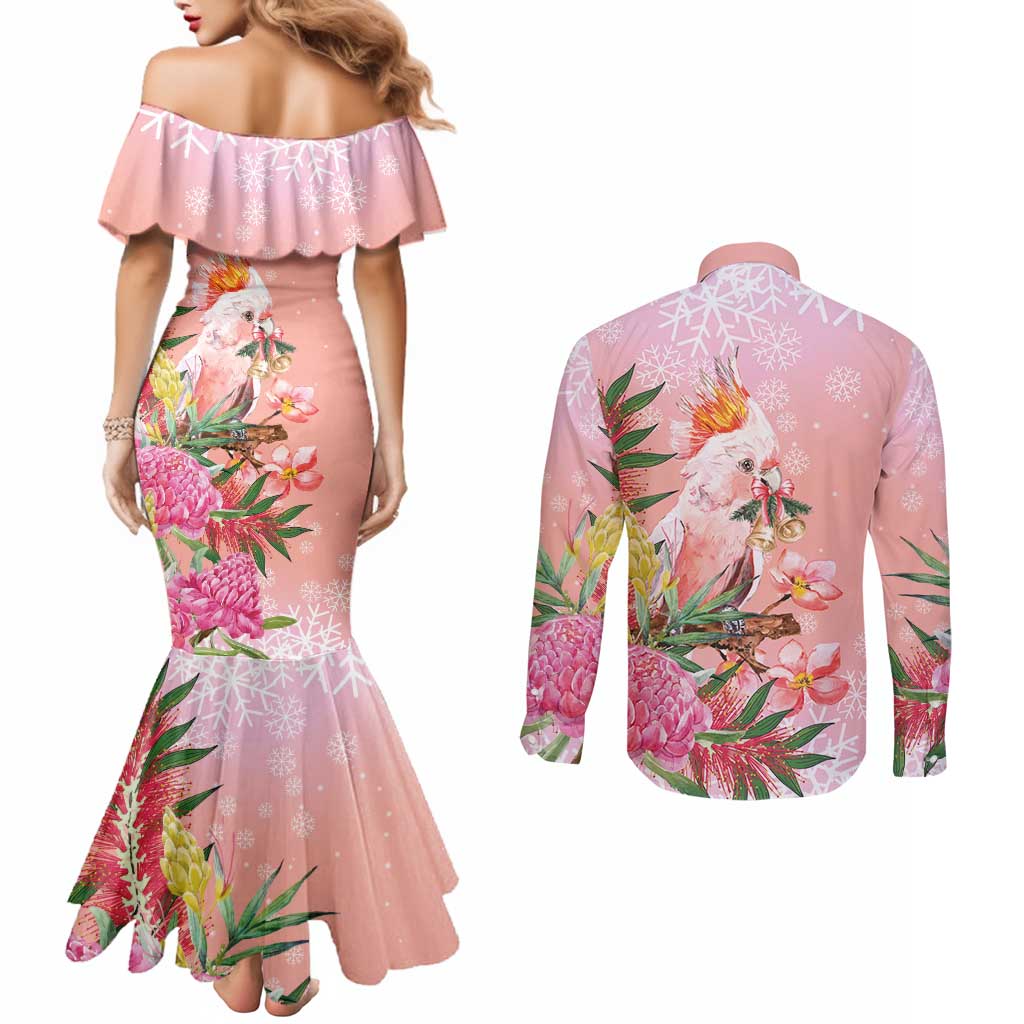 Australia Christmas Pink Cockatoo with Banksia Couples Matching Mermaid Dress and Long Sleeve Button Shirt Coral Pink - Aussie Hoodie