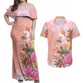 Australia Christmas Pink Cockatoo with Banksia Couples Matching Off Shoulder Maxi Dress and Hawaiian Shirt Coral Pink - Aussie Hoodie