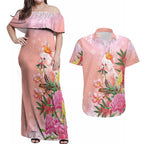 Australia Christmas Pink Cockatoo with Banksia Couples Matching Off Shoulder Maxi Dress and Hawaiian Shirt Coral Pink - Aussie Hoodie