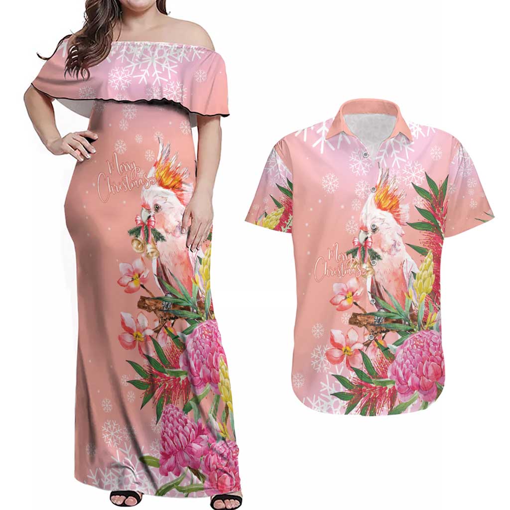 Australia Christmas Pink Cockatoo with Banksia Couples Matching Off Shoulder Maxi Dress and Hawaiian Shirt Coral Pink - Aussie Hoodie