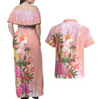 Australia Christmas Pink Cockatoo with Banksia Couples Matching Off Shoulder Maxi Dress and Hawaiian Shirt Coral Pink - Aussie Hoodie