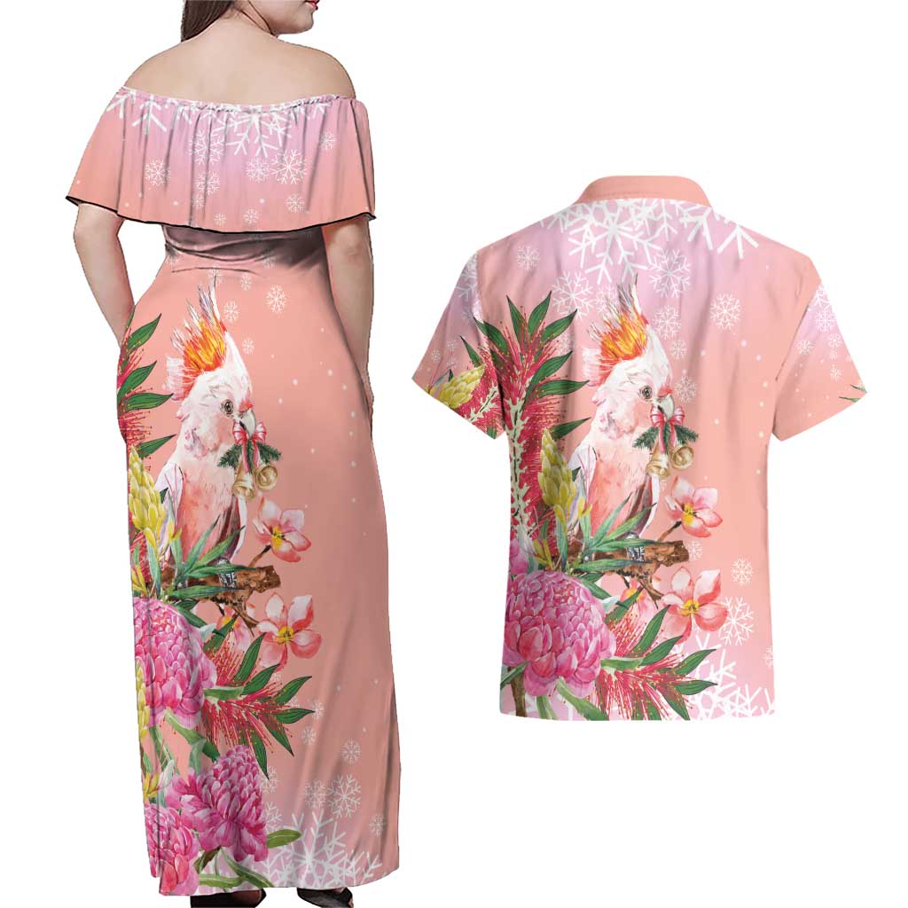 Australia Christmas Pink Cockatoo with Banksia Couples Matching Off Shoulder Maxi Dress and Hawaiian Shirt Coral Pink - Aussie Hoodie