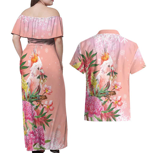 Australia Christmas Pink Cockatoo with Banksia Couples Matching Off Shoulder Maxi Dress and Hawaiian Shirt Coral Pink - Aussie Hoodie