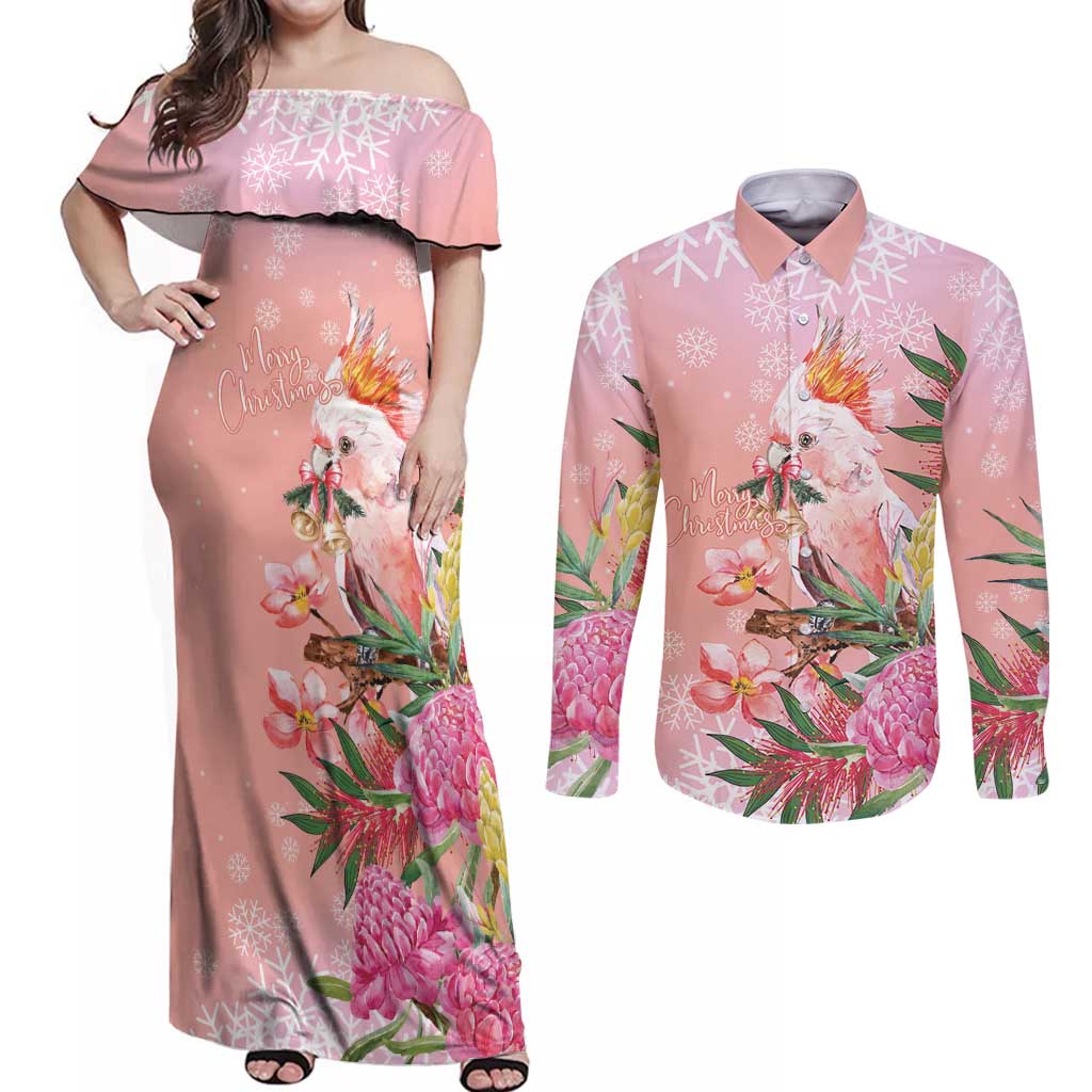 Australia Christmas Pink Cockatoo with Banksia Couples Matching Off Shoulder Maxi Dress and Long Sleeve Button Shirt Coral Pink - Aussie Hoodie