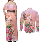 Australia Christmas Pink Cockatoo with Banksia Couples Matching Off Shoulder Maxi Dress and Long Sleeve Button Shirt Coral Pink - Aussie Hoodie
