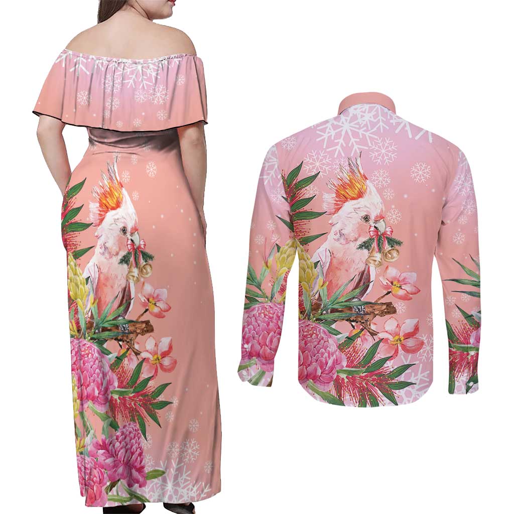 Australia Christmas Pink Cockatoo with Banksia Couples Matching Off Shoulder Maxi Dress and Long Sleeve Button Shirt Coral Pink - Aussie Hoodie