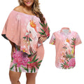 Australia Christmas Pink Cockatoo with Banksia Couples Matching Off Shoulder Short Dress and Hawaiian Shirt Coral Pink - Aussie Hoodie