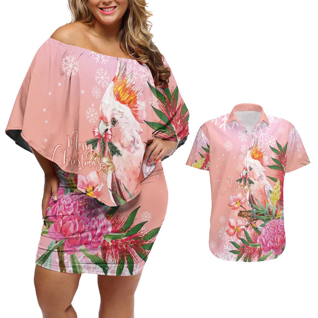 Australia Christmas Pink Cockatoo with Banksia Couples Matching Off Shoulder Short Dress and Hawaiian Shirt Coral Pink - Aussie Hoodie