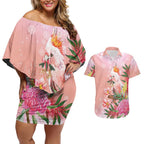 Australia Christmas Pink Cockatoo with Banksia Couples Matching Off Shoulder Short Dress and Hawaiian Shirt Coral Pink - Aussie Hoodie