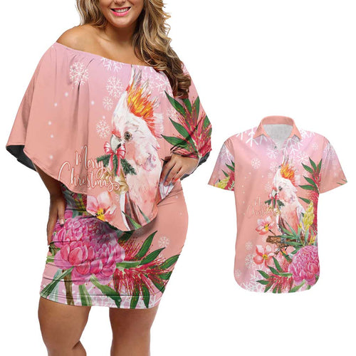 Australia Christmas Pink Cockatoo with Banksia Couples Matching Off Shoulder Short Dress and Hawaiian Shirt Coral Pink - Aussie Hoodie