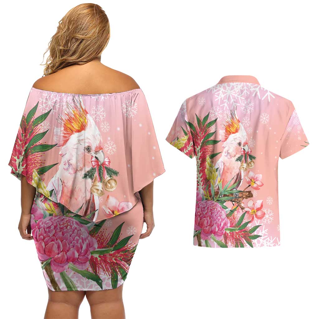 Australia Christmas Pink Cockatoo with Banksia Couples Matching Off Shoulder Short Dress and Hawaiian Shirt Coral Pink - Aussie Hoodie