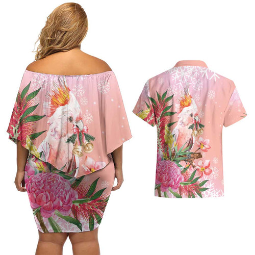 Australia Christmas Pink Cockatoo with Banksia Couples Matching Off Shoulder Short Dress and Hawaiian Shirt Coral Pink - Aussie Hoodie