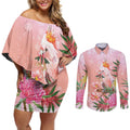 Australia Christmas Pink Cockatoo with Banksia Couples Matching Off Shoulder Short Dress and Long Sleeve Button Shirt Coral Pink - Aussie Hoodie