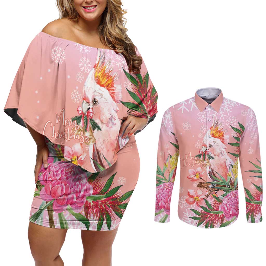 Australia Christmas Pink Cockatoo with Banksia Couples Matching Off Shoulder Short Dress and Long Sleeve Button Shirt Coral Pink - Aussie Hoodie