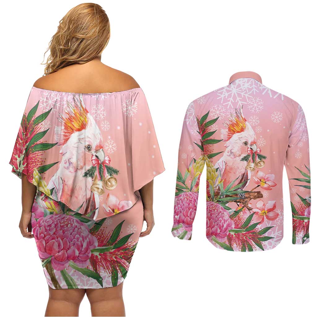 Australia Christmas Pink Cockatoo with Banksia Couples Matching Off Shoulder Short Dress and Long Sleeve Button Shirt Coral Pink - Aussie Hoodie