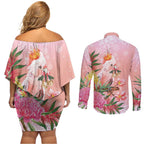 Australia Christmas Pink Cockatoo with Banksia Couples Matching Off Shoulder Short Dress and Long Sleeve Button Shirt Coral Pink - Aussie Hoodie