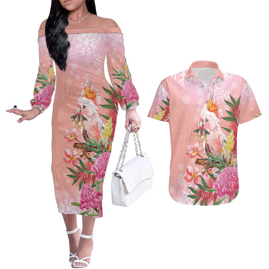 Australia Christmas Pink Cockatoo with Banksia Couples Matching Off The Shoulder Long Sleeve Dress and Hawaiian Shirt Coral Pink - Aussie Hoodie