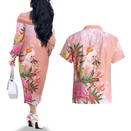 Australia Christmas Pink Cockatoo with Banksia Couples Matching Off The Shoulder Long Sleeve Dress and Hawaiian Shirt Coral Pink - Aussie Hoodie