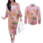 Australia Christmas Pink Cockatoo with Banksia Couples Matching Off The Shoulder Long Sleeve Dress and Long Sleeve Button Shirt Coral Pink - Aussie Hoodie