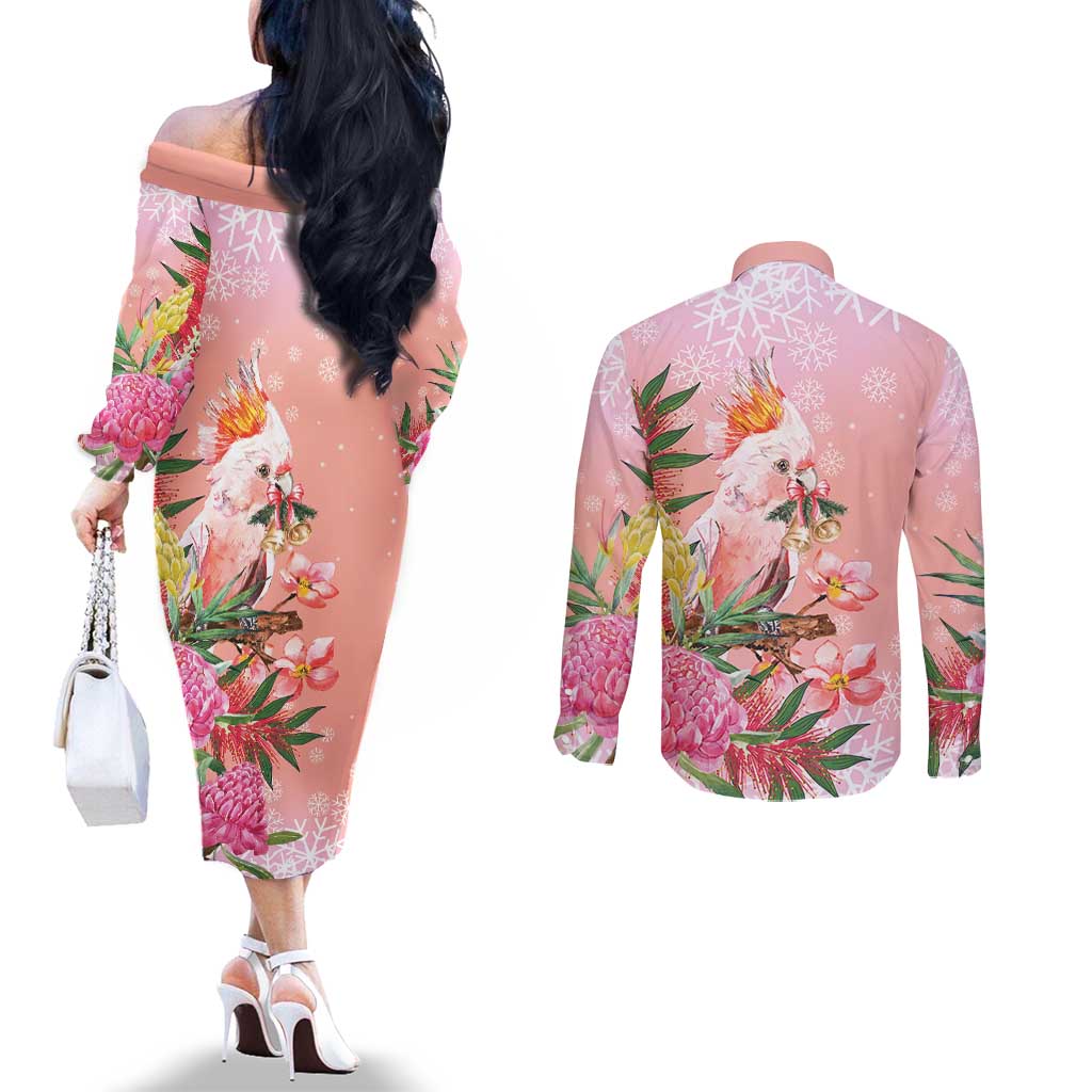 Australia Christmas Pink Cockatoo with Banksia Couples Matching Off The Shoulder Long Sleeve Dress and Long Sleeve Button Shirt Coral Pink - Aussie Hoodie