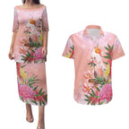 Australia Christmas Pink Cockatoo with Banksia Couples Matching Puletasi and Hawaiian Shirt Coral Pink - Aussie Hoodie