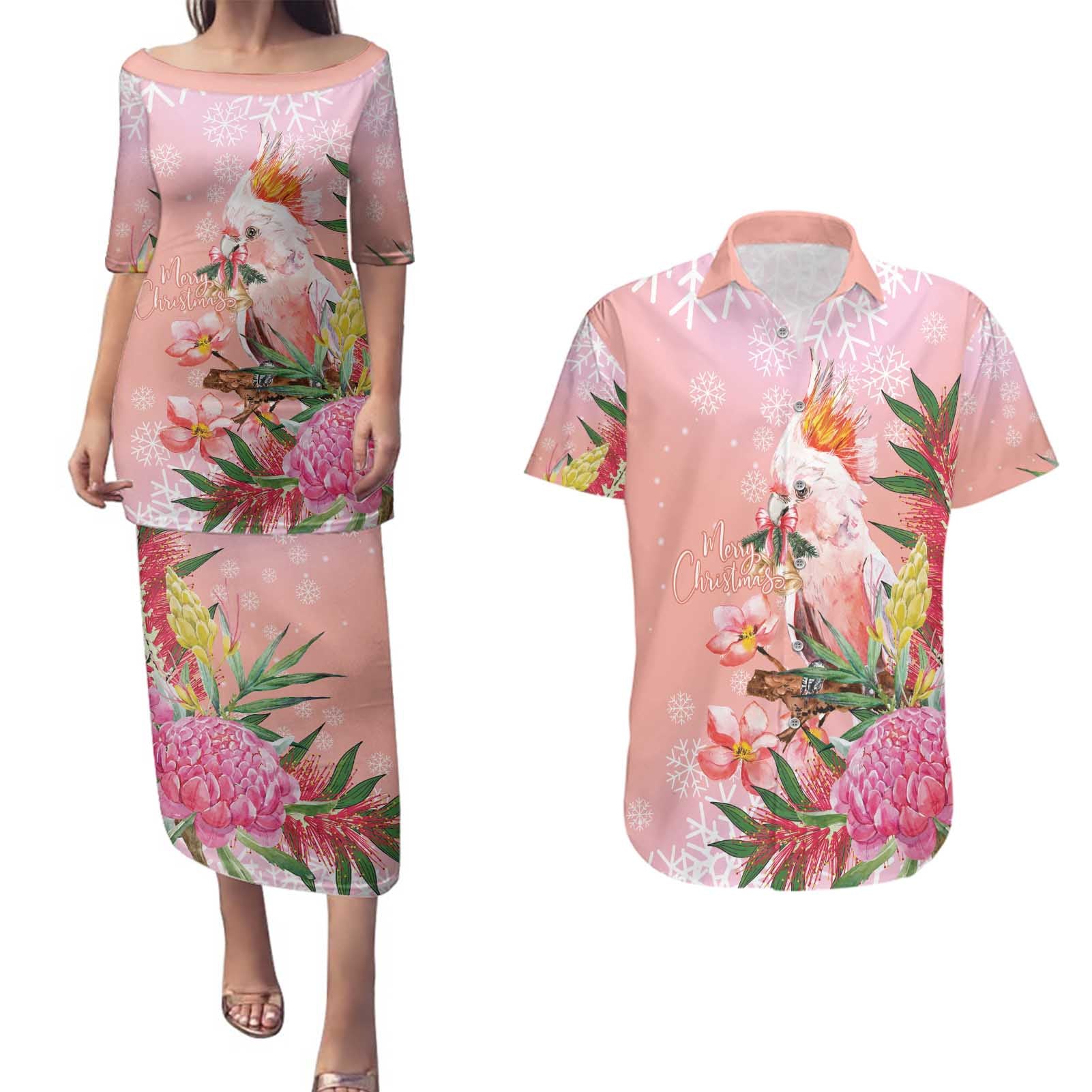 Australia Christmas Pink Cockatoo with Banksia Couples Matching Puletasi and Hawaiian Shirt Coral Pink - Aussie Hoodie
